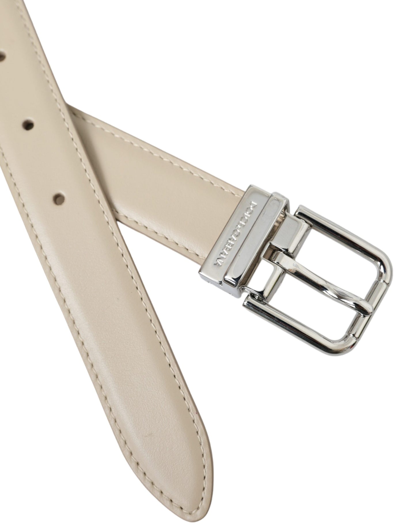 Dolce & Gabbana Beige Calfskin Leather Silver Metal Buckle Belt Dolce & Gabbana