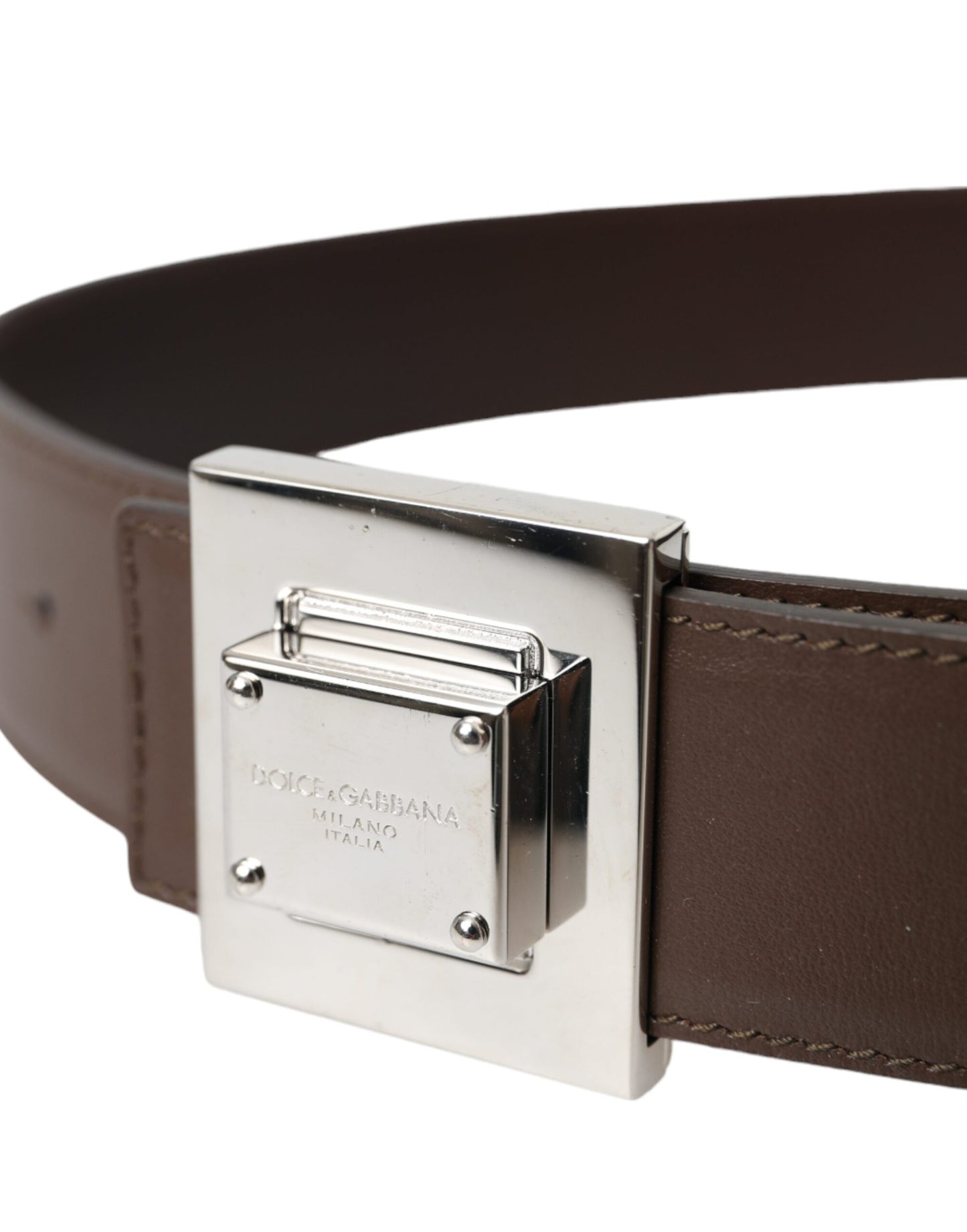 Dolce & Gabbana Brown Calf Leather Square Metal Buckle Belt Dolce & Gabbana