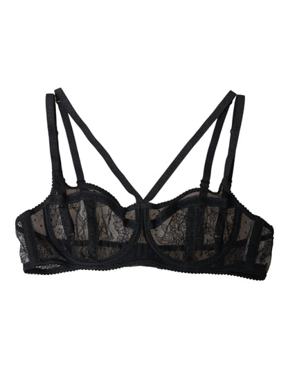 Dolce & Gabbana Black Floral Lace Nylon Balconcino Bra Underwear Dolce & Gabbana