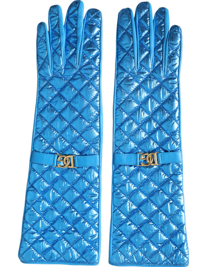 Dolce & Gabbana Blue Leather Quilted Mid Arm Length Gloves Dolce & Gabbana