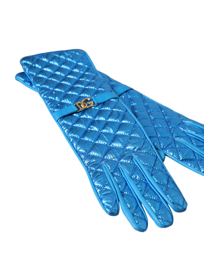 Dolce & Gabbana Blue Leather Quilted Mid Arm Length Gloves Dolce & Gabbana