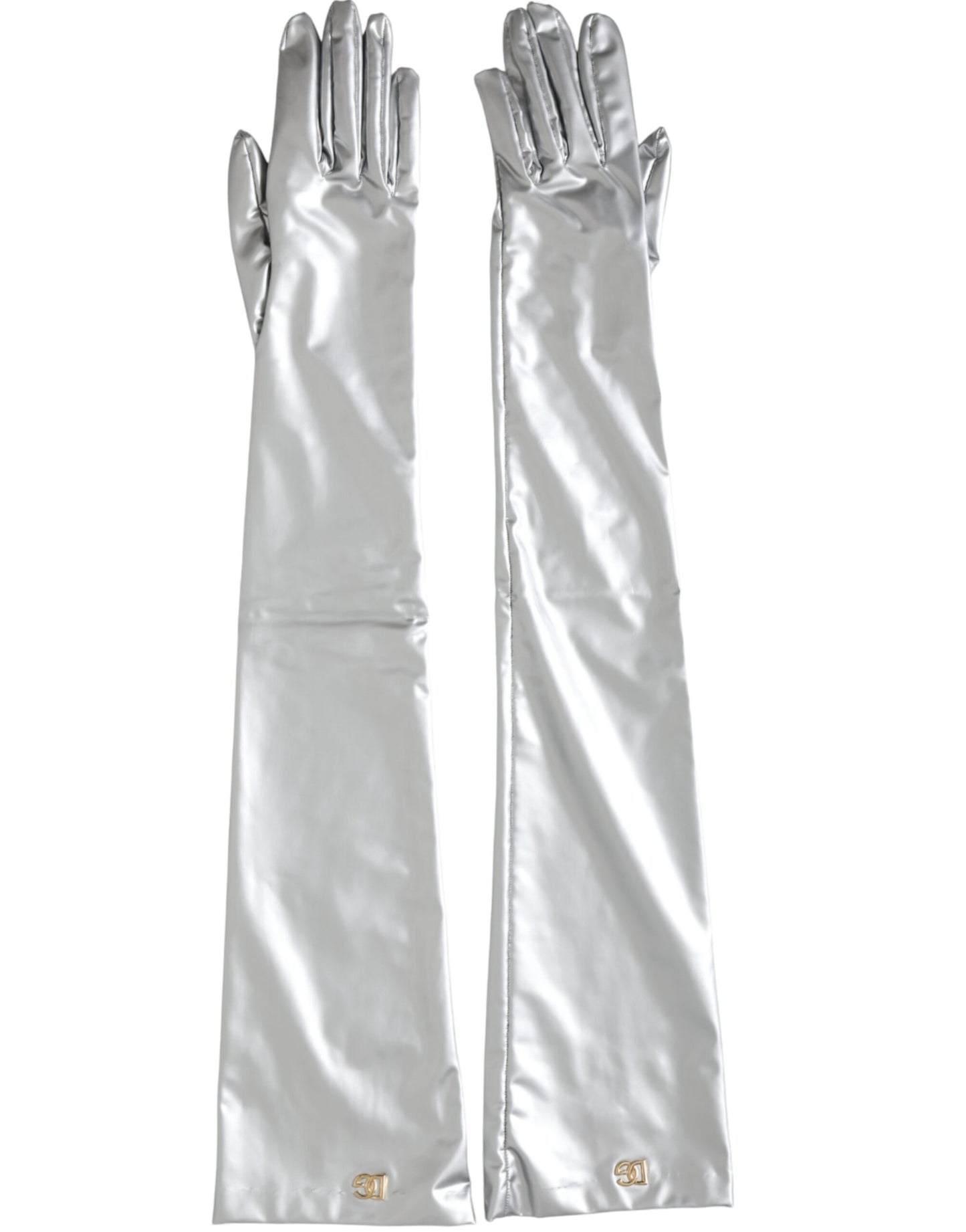 Dolce & Gabbana Silver Spandex Logo Elbow Length Gloves Dolce & Gabbana