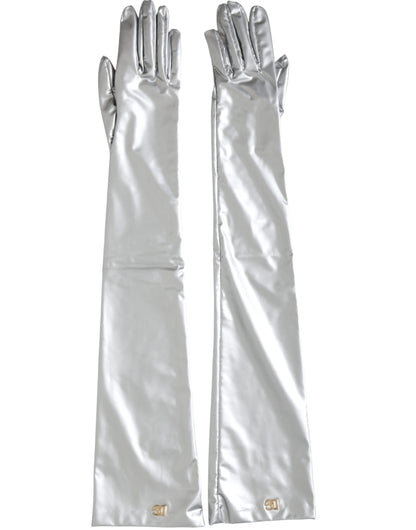 Dolce & Gabbana Silver Spandex Logo Elbow Length Gloves Dolce & Gabbana