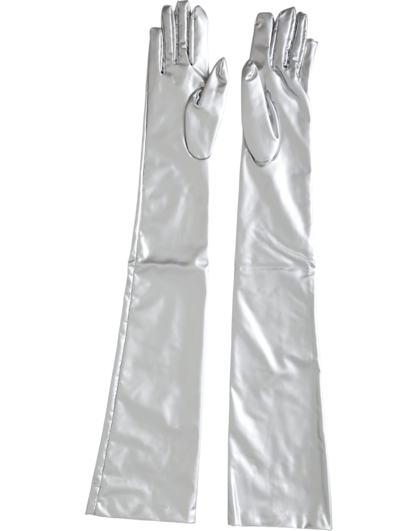 Dolce & Gabbana Silver Spandex Logo Elbow Length Gloves Dolce & Gabbana