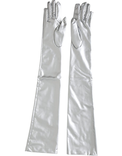 Dolce & Gabbana Silver Spandex Logo Elbow Length Gloves Dolce & Gabbana