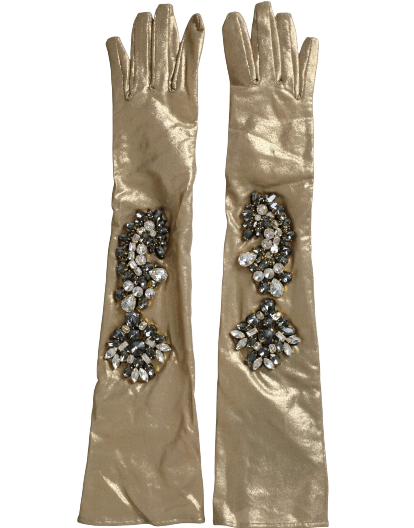 Dolce & Gabbana Beige Satin Crystal Elbow Length Gloves Dolce & Gabbana