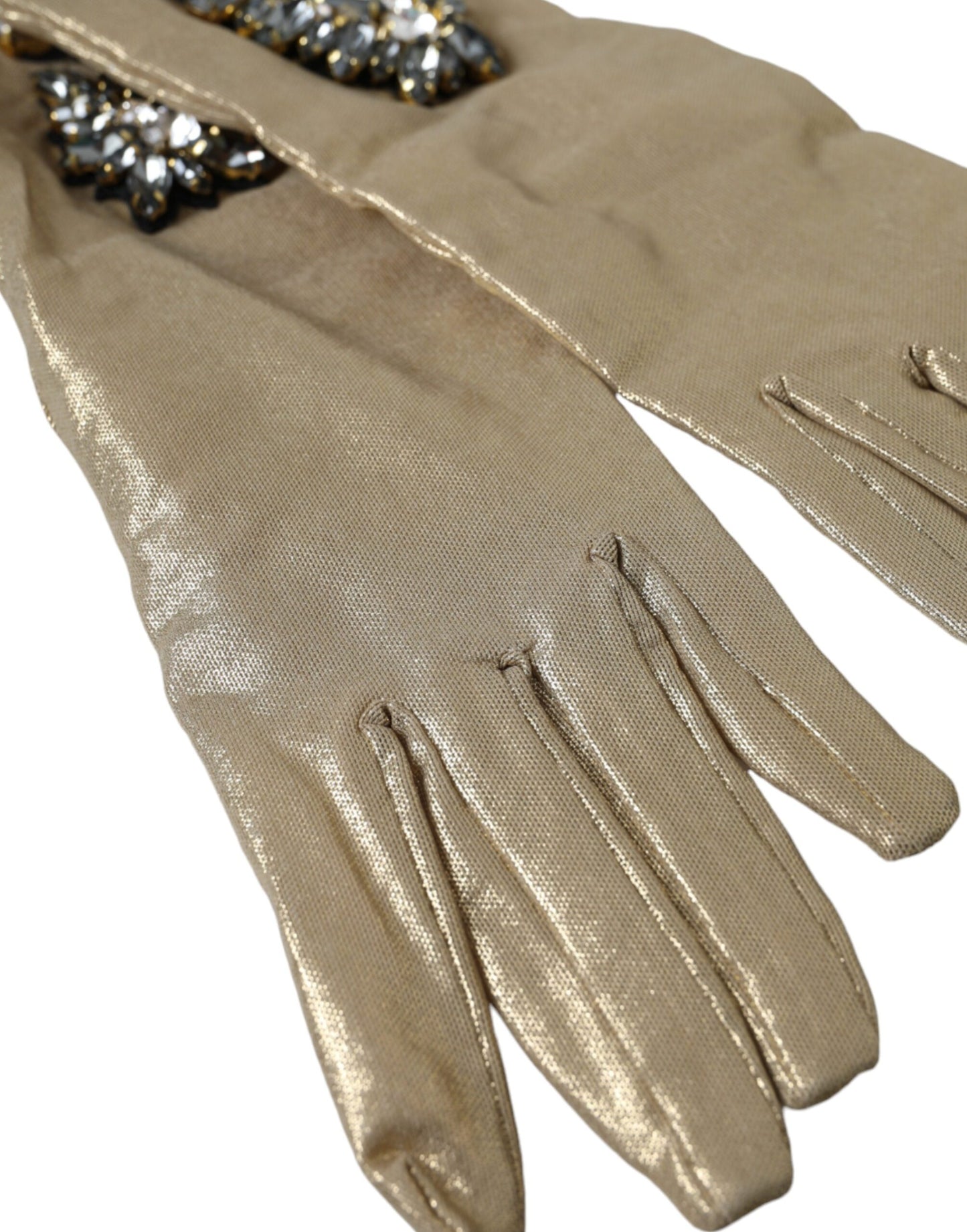 Dolce & Gabbana Beige Satin Crystal Elbow Length Gloves Dolce & Gabbana