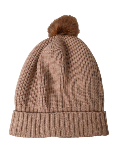 Dolce & Gabbana Brown Solid Knitted Fur Ball Winter Beanie Hat Dolce & Gabbana