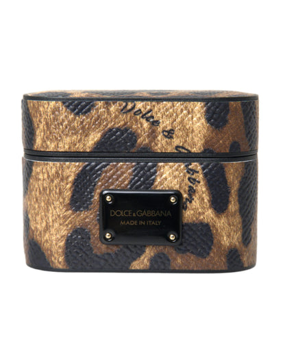 Dolce & Gabbana Brown Leopard Calf Leather Metal Logo Plaque Airpods Case Dolce & Gabbana