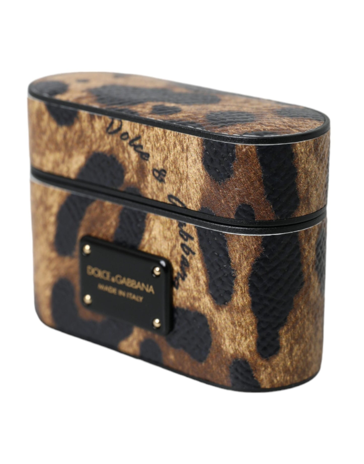 Dolce & Gabbana Brown Leopard Calf Leather Metal Logo Plaque Airpods Case Dolce & Gabbana