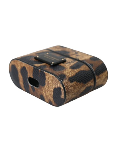 Dolce & Gabbana Brown Leopard Calf Leather Metal Logo Plaque Airpods Case Dolce & Gabbana