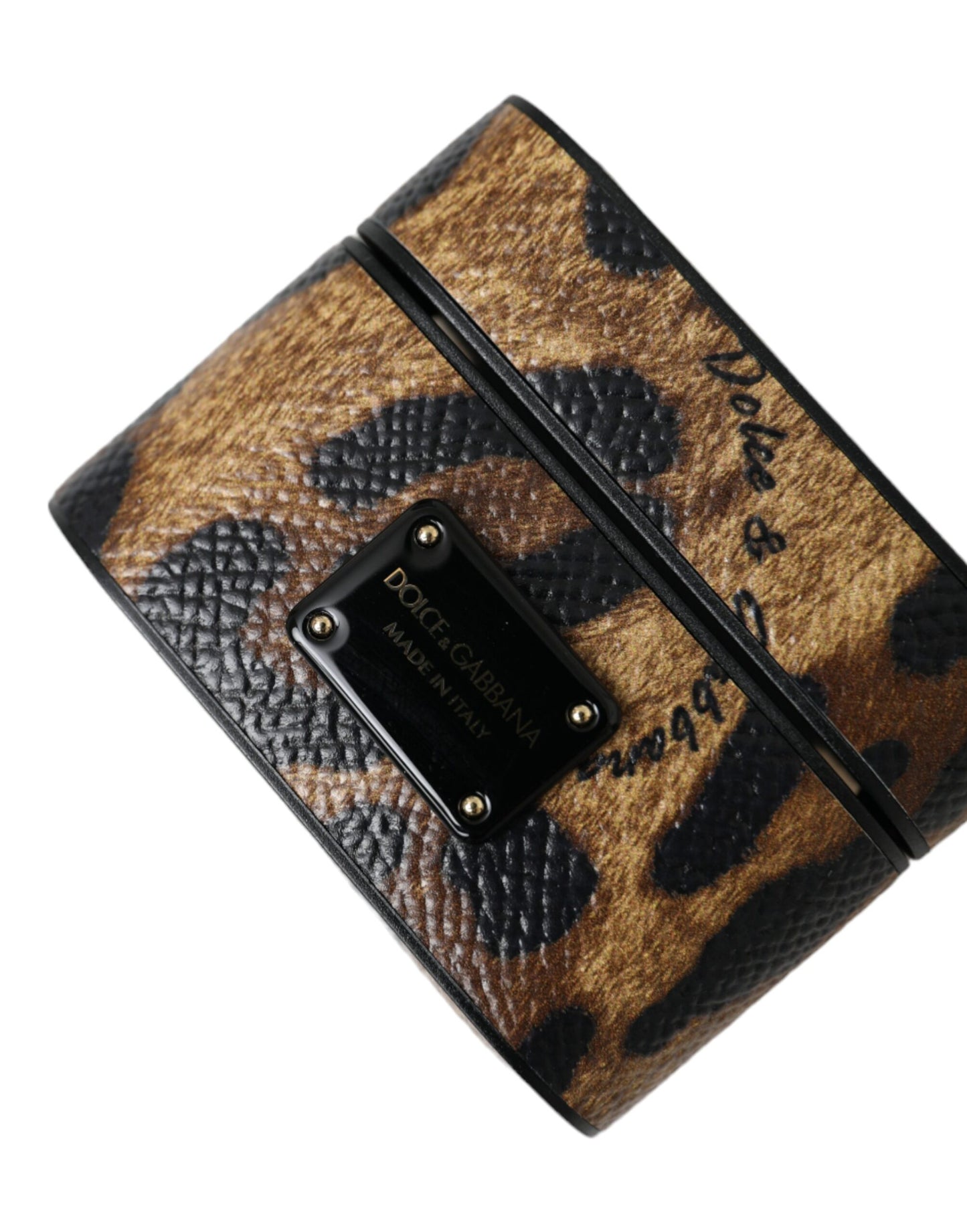 Dolce & Gabbana Brown Leopard Calf Leather Metal Logo Plaque Airpods Case Dolce & Gabbana