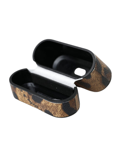 Dolce & Gabbana Brown Leopard Calf Leather Metal Logo Plaque Airpods Case Dolce & Gabbana