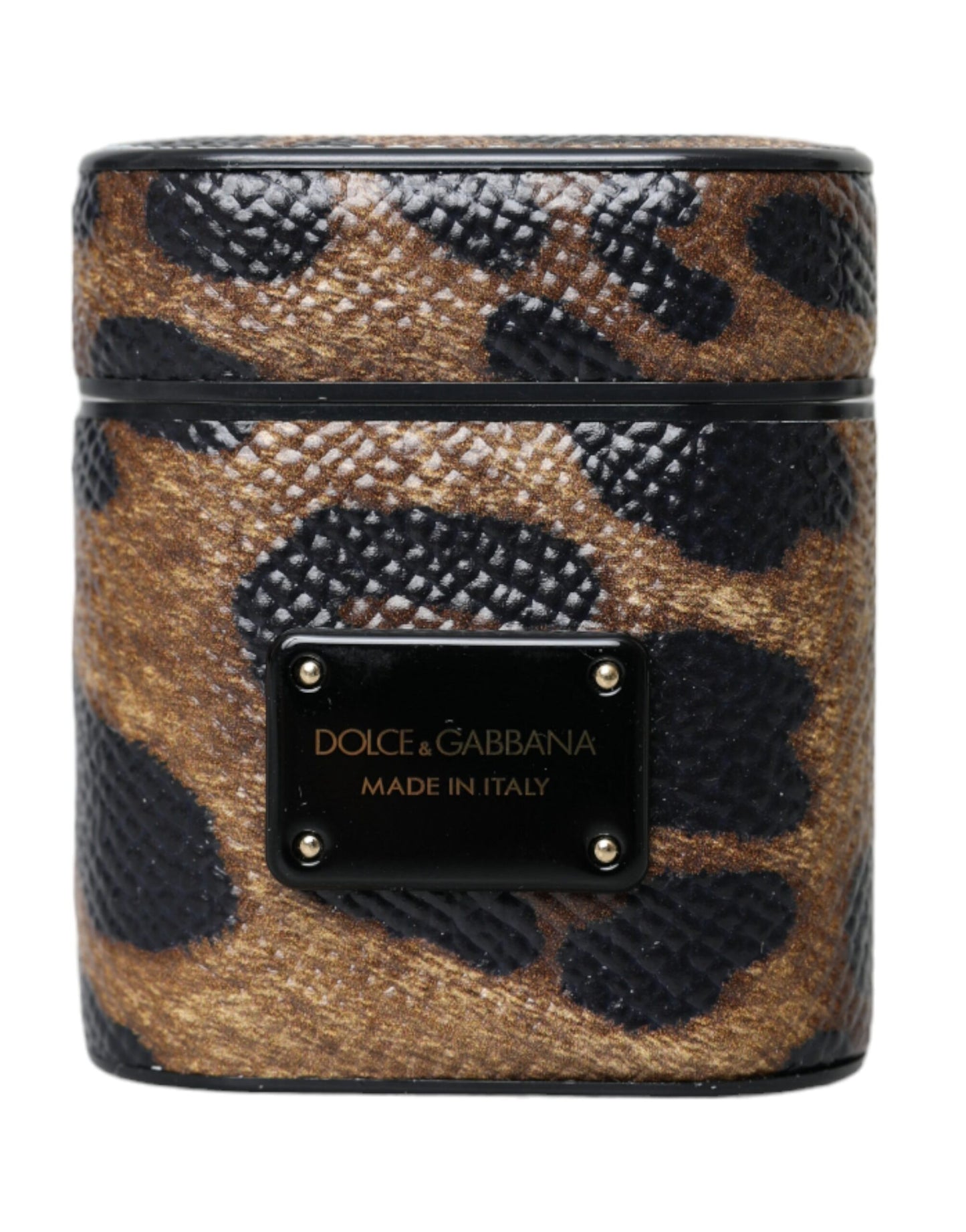 Dolce & Gabbana Brown Leopard Calf Leather Metal Logo Plaque Airpods Case Dolce & Gabbana