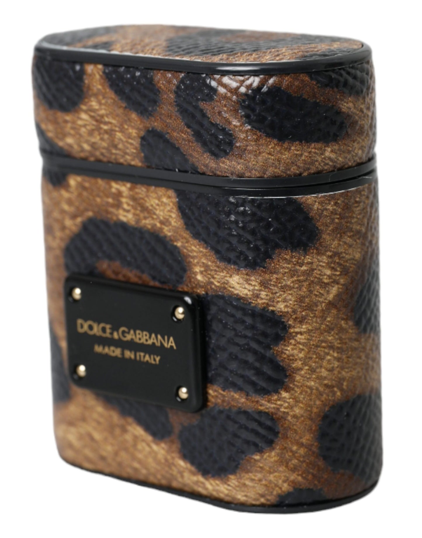 Dolce & Gabbana Brown Leopard Calf Leather Metal Logo Plaque Airpods Case Dolce & Gabbana