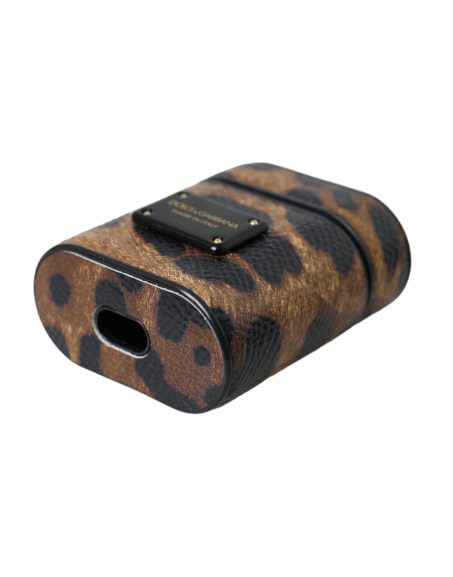 Dolce & Gabbana Brown Leopard Calf Leather Metal Logo Plaque Airpods Case Dolce & Gabbana