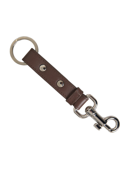 Dolce & Gabbana Brown Plain Leather Silver Brass Keyring Holder Keychain Dolce & Gabbana