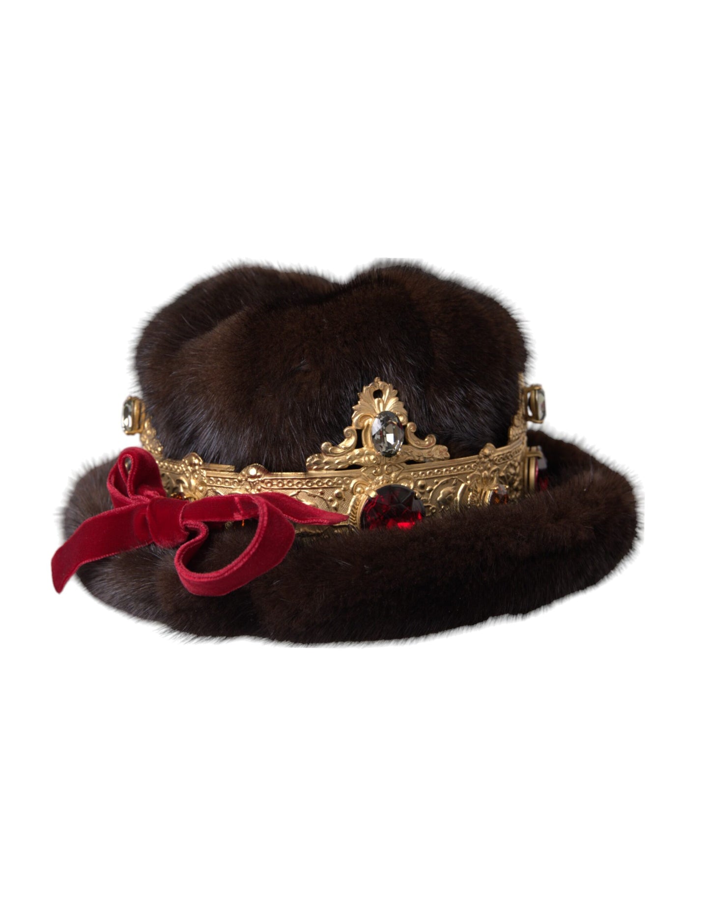 Dolce & Gabbana Dark Brown Mink Fur Gold Crystal Crown Hat Dolce & Gabbana