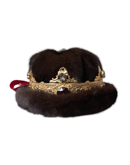 Dolce & Gabbana Dark Brown Mink Fur Gold Crystal Crown Hat Dolce & Gabbana