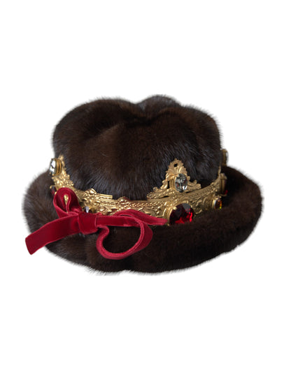 Dolce & Gabbana Dark Brown Mink Fur Gold Crystal Crown Hat Dolce & Gabbana