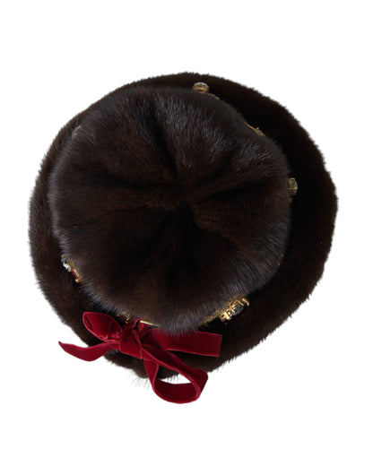 Dolce & Gabbana Dark Brown Mink Fur Gold Crystal Crown Hat Dolce & Gabbana