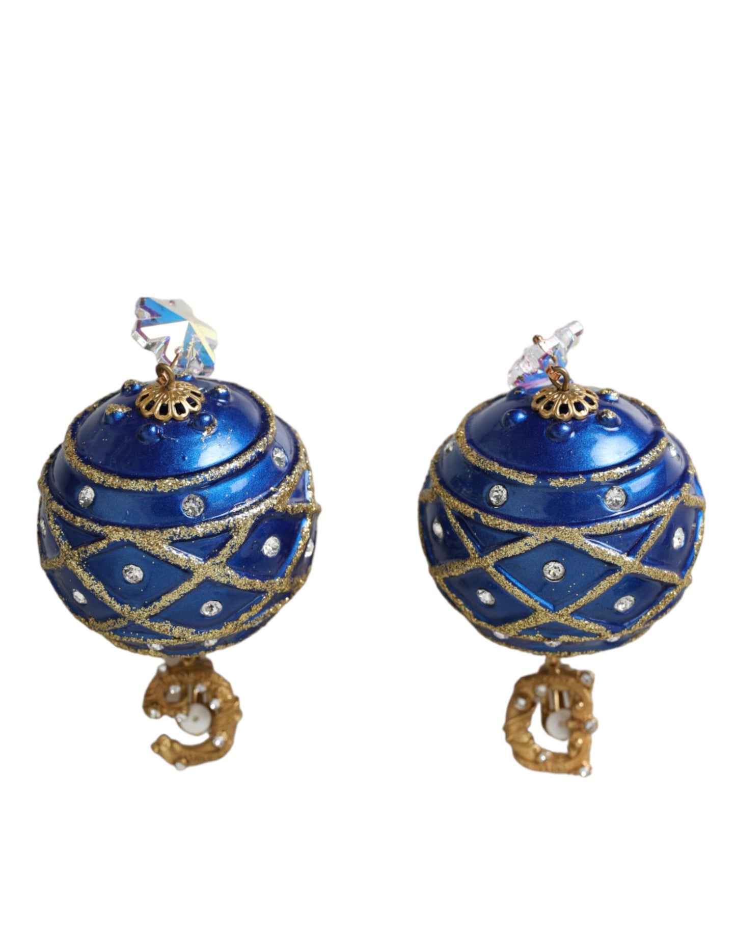 Dolce & Gabbana Gold Brass Blue Dangle Christmas Ball Crystal Clip On Earrings Dolce & Gabbana