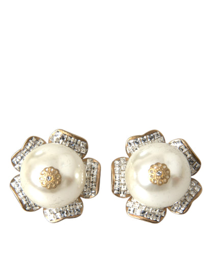 Dolce & Gabbana Gold Tone Maxi Faux Pearl Floral Clip-on Jewelry Earrings Dolce & Gabbana