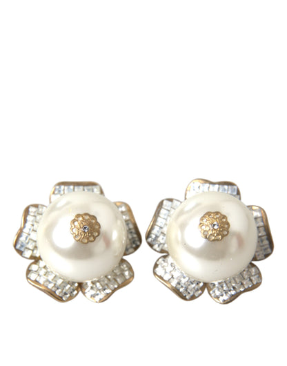 Dolce & Gabbana Gold Tone Maxi Faux Pearl Floral Clip-on Jewelry Earrings Dolce & Gabbana