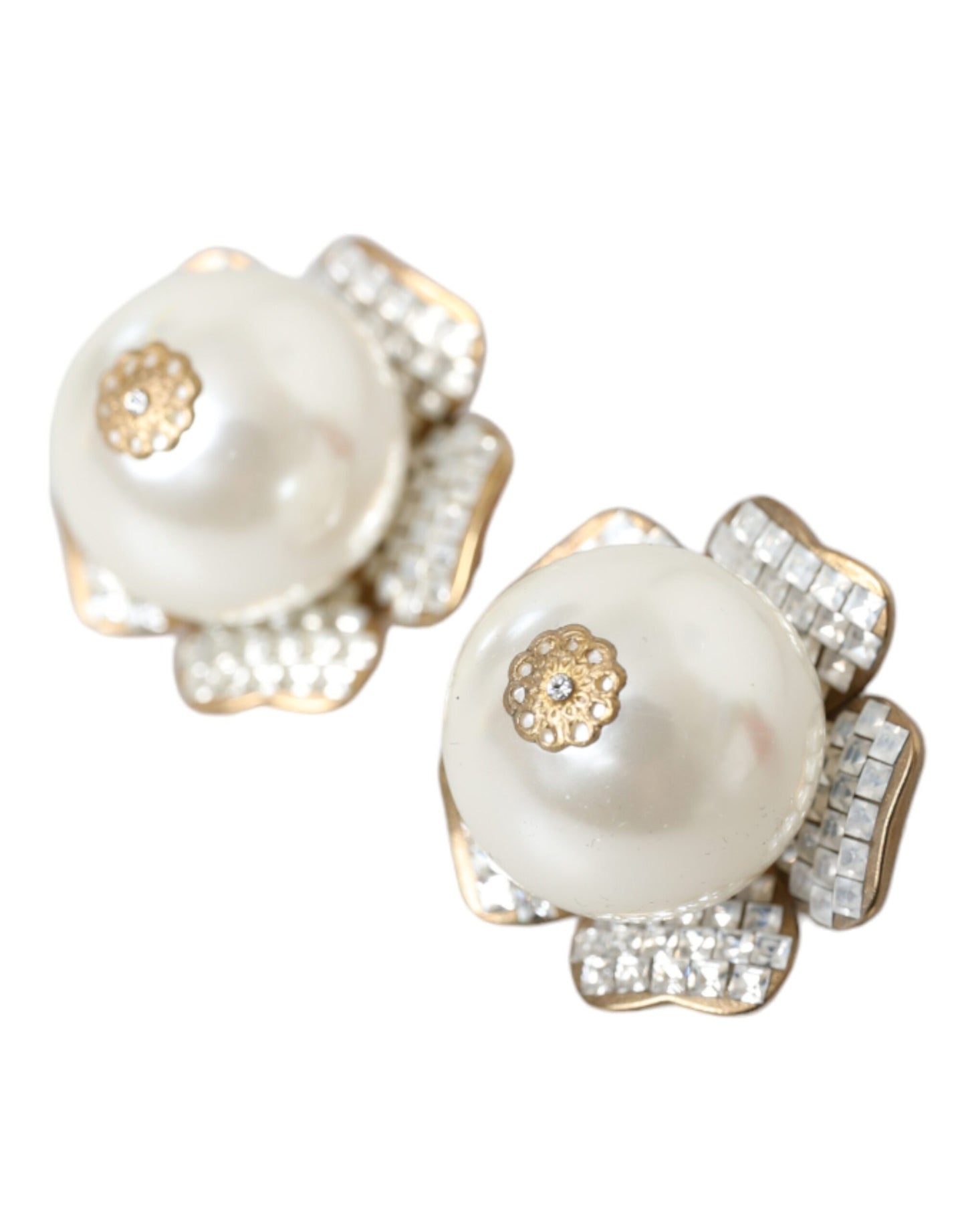 Dolce & Gabbana Gold Tone Maxi Faux Pearl Floral Clip-on Jewelry Earrings Dolce & Gabbana