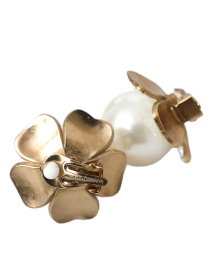 Dolce & Gabbana Gold Tone Maxi Faux Pearl Floral Clip-on Jewelry Earrings Dolce & Gabbana