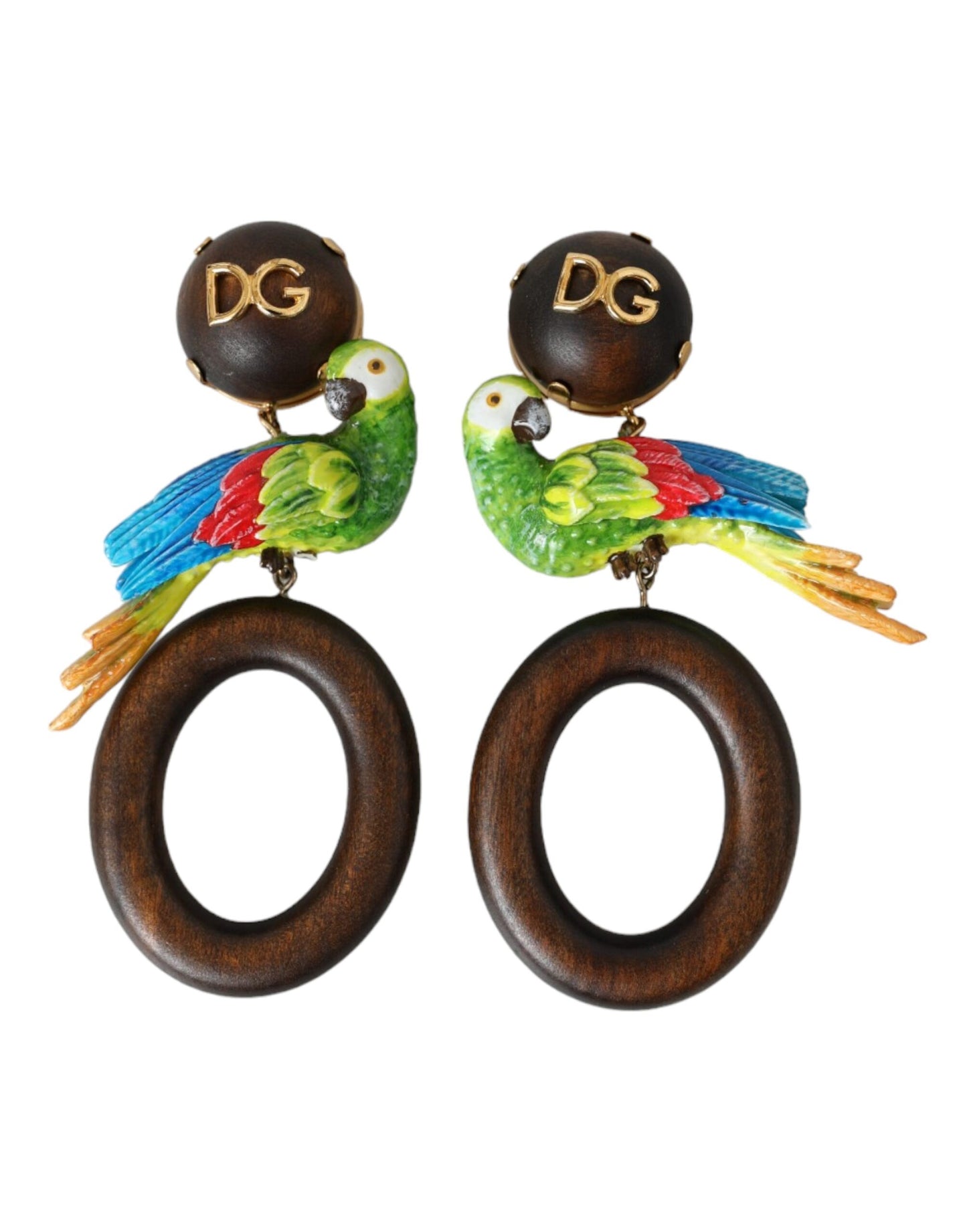 Dolce & Gabbana Multicolor Parrot Wood Brass Crystal Embellished Earring Dolce & Gabbana