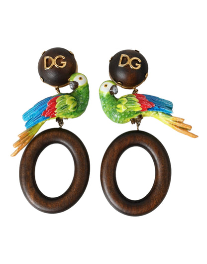 Dolce & Gabbana Multicolor Parrot Wood Brass Crystal Embellished Earring Dolce & Gabbana