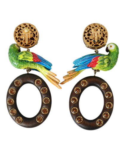 Dolce & Gabbana Multicolor Parrot Wood Brass Crystal Embellished Earring Dolce & Gabbana