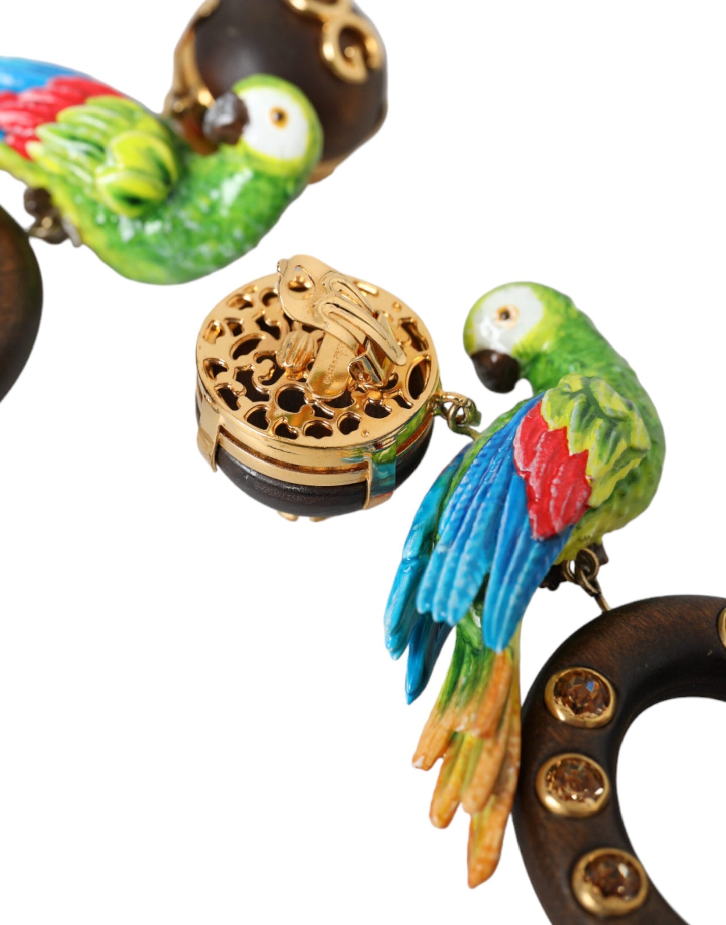 Dolce & Gabbana Multicolor Parrot Wood Brass Crystal Embellished Earring Dolce & Gabbana