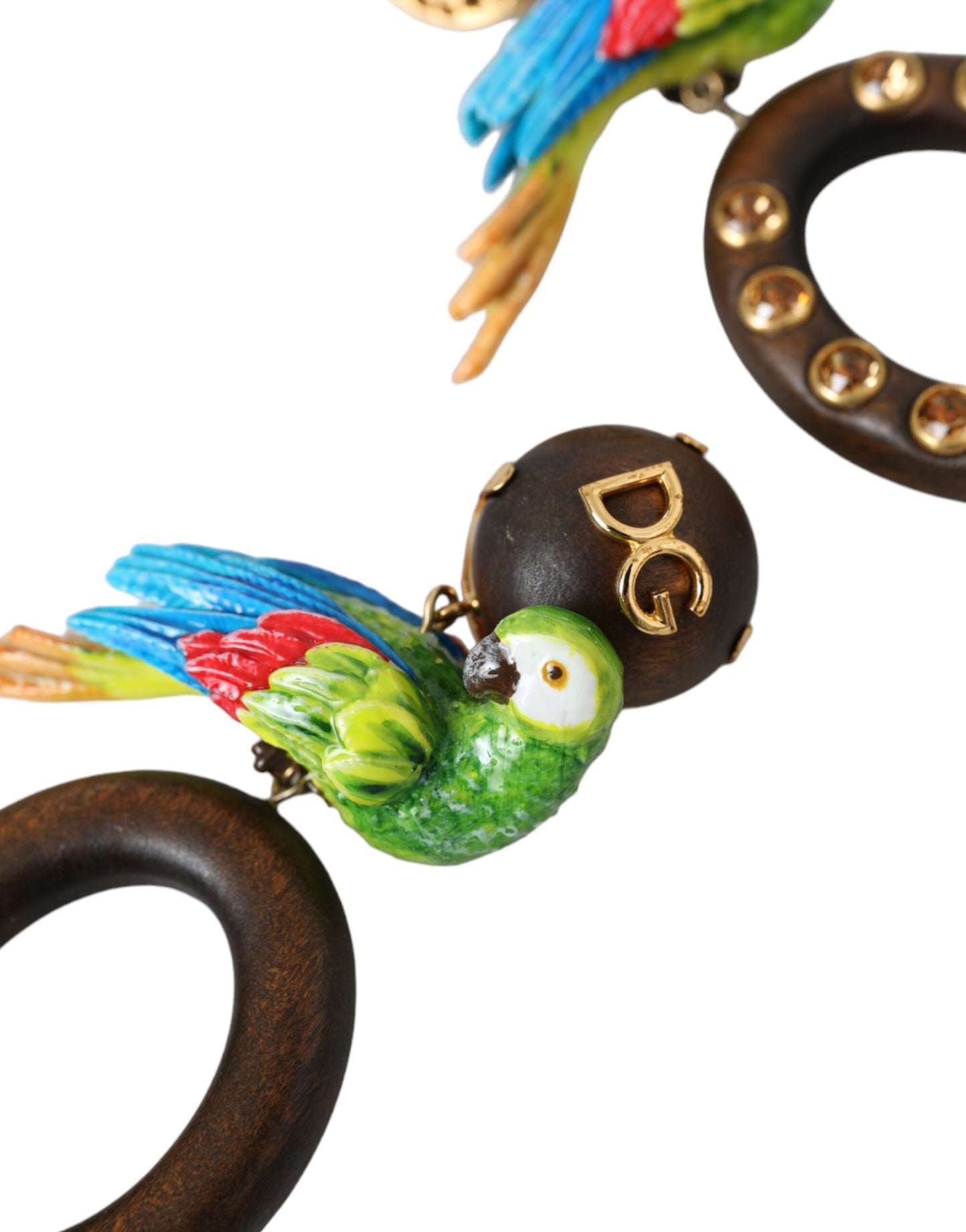 Dolce & Gabbana Multicolor Parrot Wood Brass Crystal Embellished Earring Dolce & Gabbana