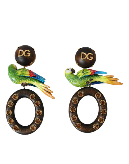 Dolce & Gabbana Multicolor Parrot Wood Brass Crystal Embellished Earrings Dolce & Gabbana