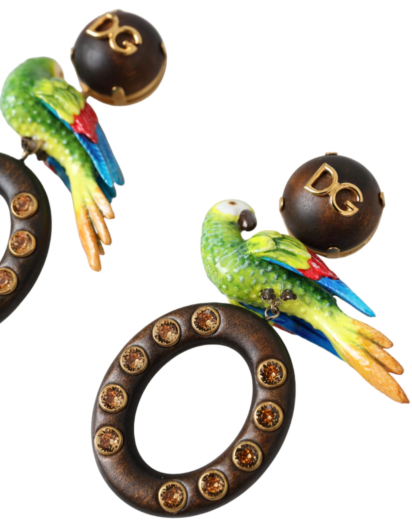 Dolce & Gabbana Multicolor Parrot Wood Brass Crystal Embellished Earrings Dolce & Gabbana