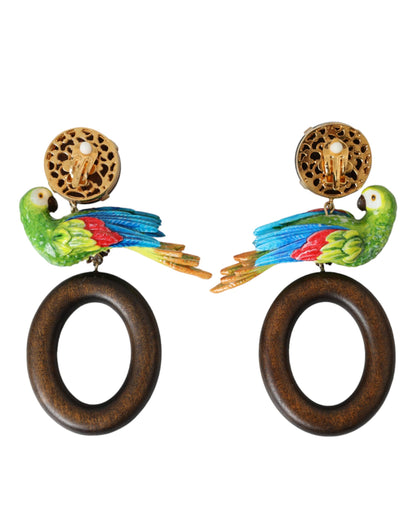 Dolce & Gabbana Multicolor Parrot Wood Brass Crystal Embellished Earrings Dolce & Gabbana