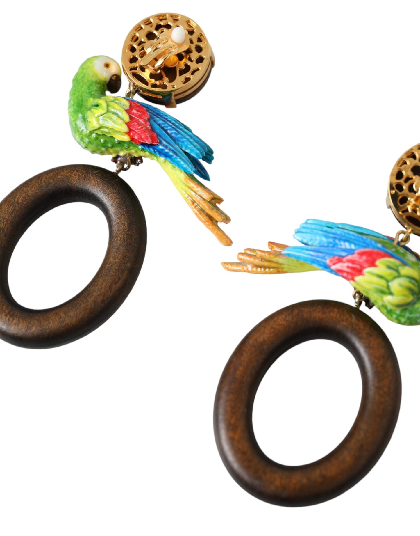 Dolce & Gabbana Multicolor Parrot Wood Brass Crystal Embellished Earrings Dolce & Gabbana