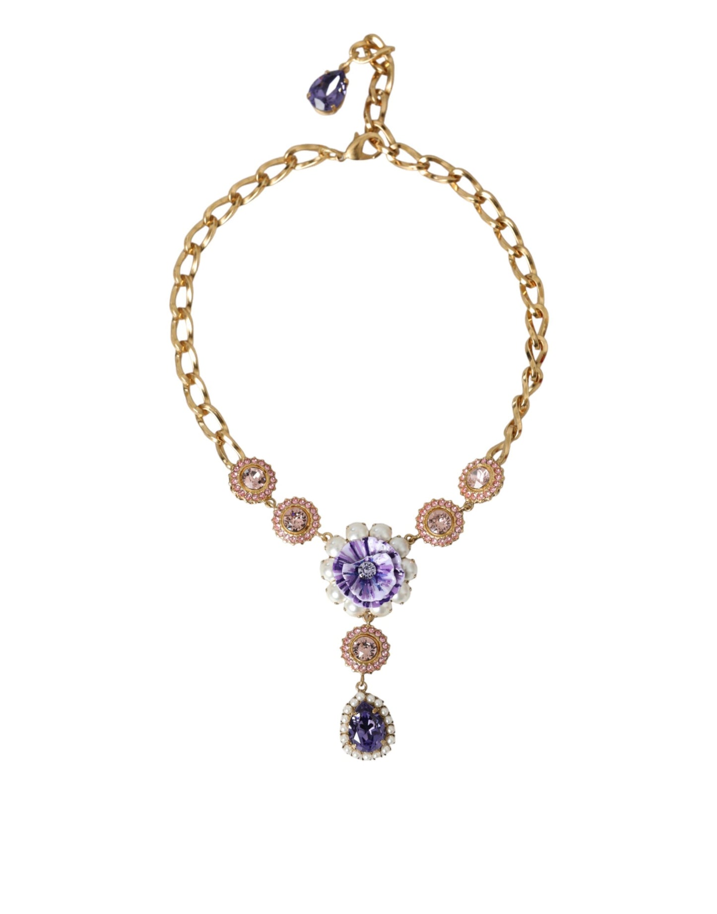 Dolce & Gabbana Gold Brass Crystal Purple Pink Pearl Pendants Necklace Dolce & Gabbana