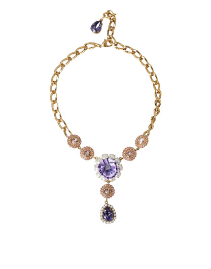 Dolce & Gabbana Gold Brass Crystal Purple Pink Pearl Pendants Necklace Dolce & Gabbana