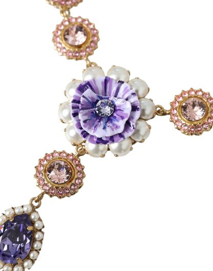 Dolce & Gabbana Gold Brass Crystal Purple Pink Pearl Pendants Necklace Dolce & Gabbana