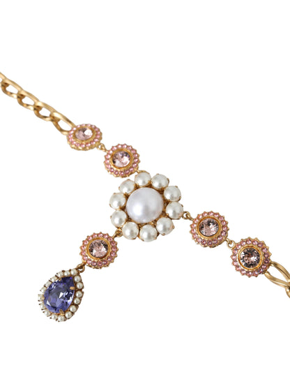 Dolce & Gabbana Gold Brass Crystal Purple Pink Pearl Pendants Necklace Dolce & Gabbana