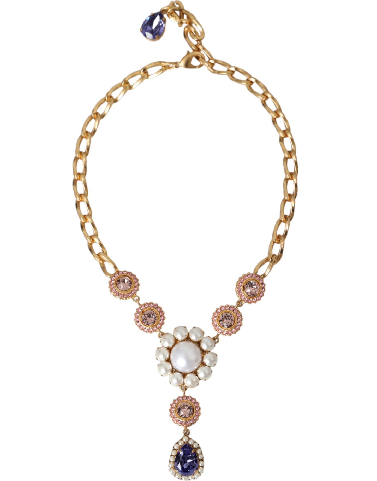 Dolce & Gabbana Gold Brass Crystal Purple Pink Pearl Pendants Necklace Dolce & Gabbana