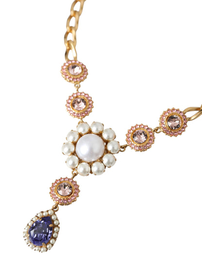 Dolce & Gabbana Gold Brass Crystal Purple Pink Pearl Pendants Necklace Dolce & Gabbana