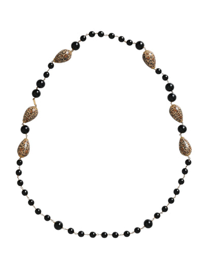 Dolce & Gabbana Gold Tone Brass Black Printed Beaded Long Chain Necklace Dolce & Gabbana