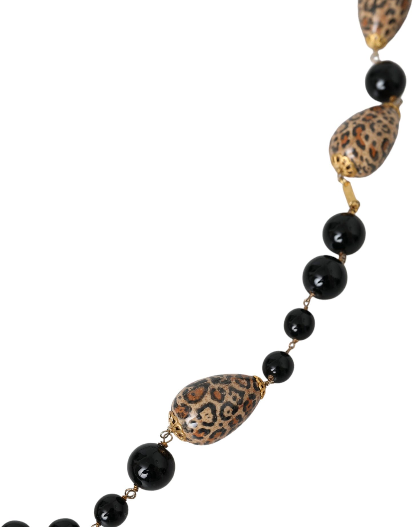 Dolce & Gabbana Gold Tone Brass Black Printed Beaded Long Chain Necklace Dolce & Gabbana