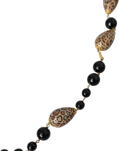 Dolce & Gabbana Gold Tone Brass Black Printed Beaded Long Chain Necklace Dolce & Gabbana