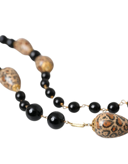 Dolce & Gabbana Gold Tone Brass Black Printed Beaded Long Chain Necklace Dolce & Gabbana