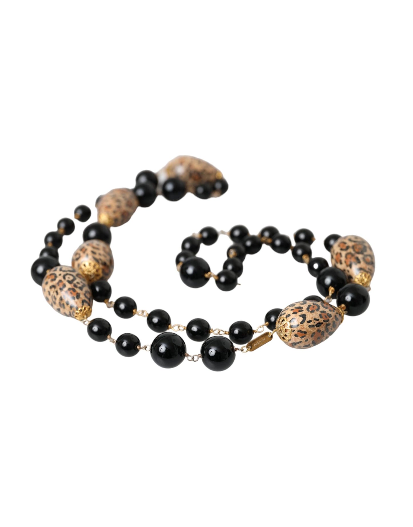 Dolce & Gabbana Gold Tone Brass Black Printed Beaded Long Chain Necklace Dolce & Gabbana